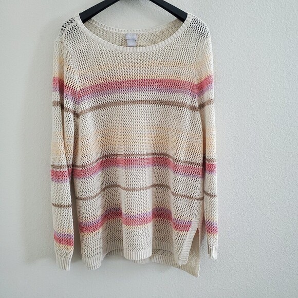 Chico's Women's Sweater XXL Multicolor Open Knit Striped Coastal Boho Minimalist - Picture 1 of 8